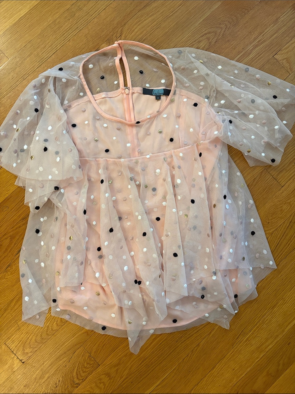 Eva Franco Pink Sheer Polka Dot Overlay Top
